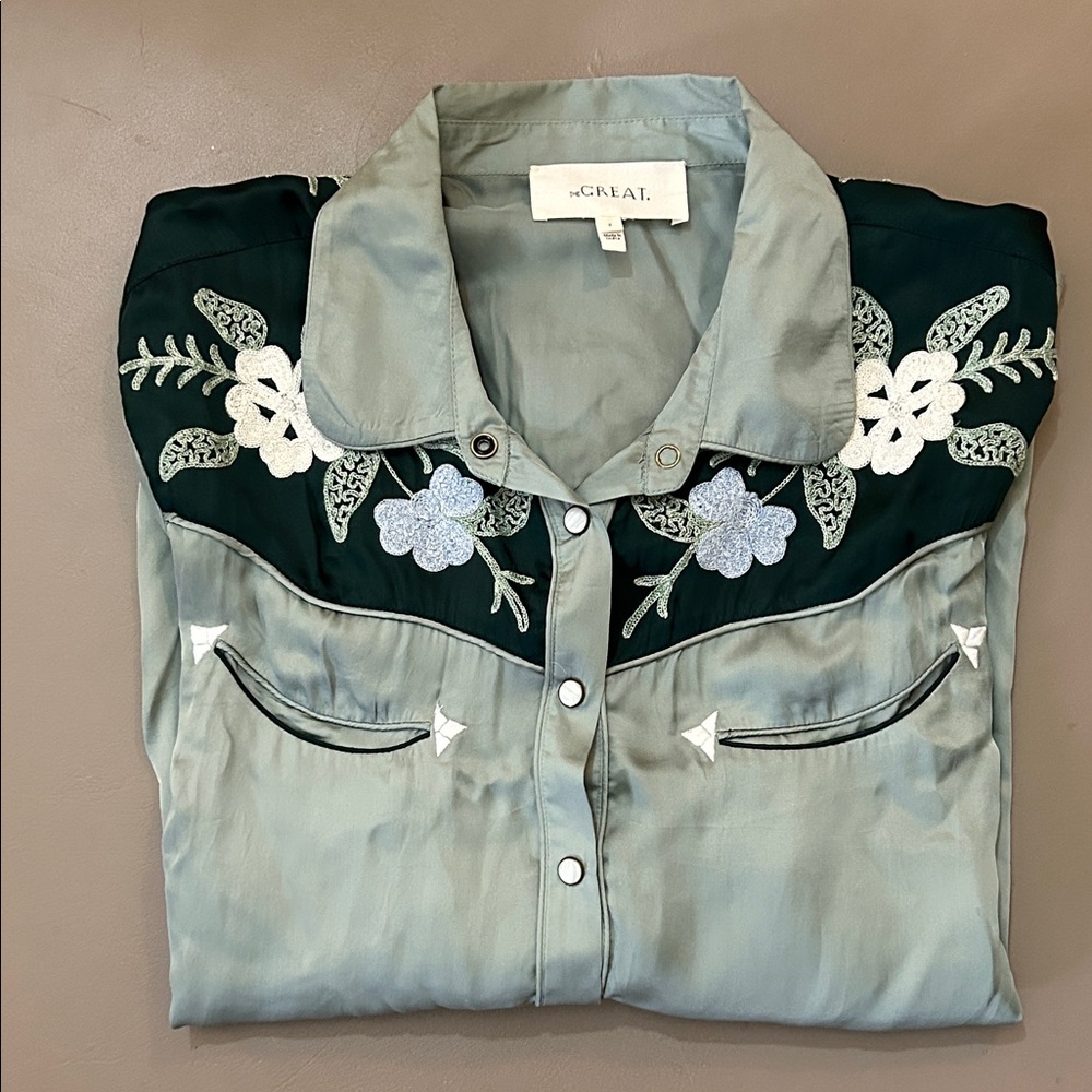 The Great Green Western Embroidered Buttondown Shirt Blouse 2 M Snap Flower Mint